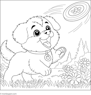 Puppy Playing with Frisbee coloring page – free printable for kids to color and enjoy