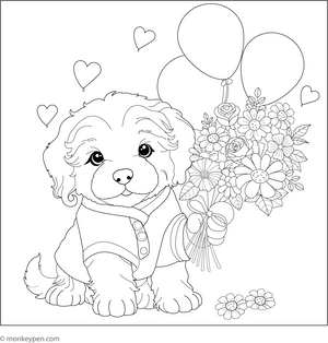 Puppy with Balloon and Flower coloring page – free printable for kids to color and enjoy