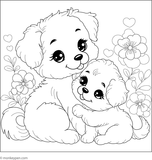 Cute Adorable Puppies coloring page – free printable for kids to color and enjoy