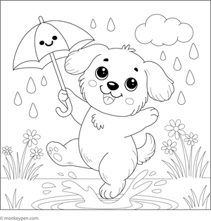 Puppy Dancing in the Rain coloring page – free printable for kids to color and enjoy