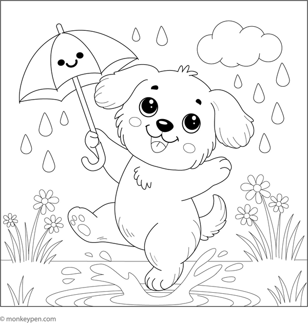 Puppy Dancing in the Rain coloring page – free printable for kids to color and enjoy