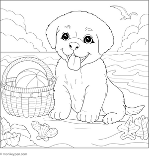 Puppy at the Beach coloring page – free printable for kids to color and enjoy