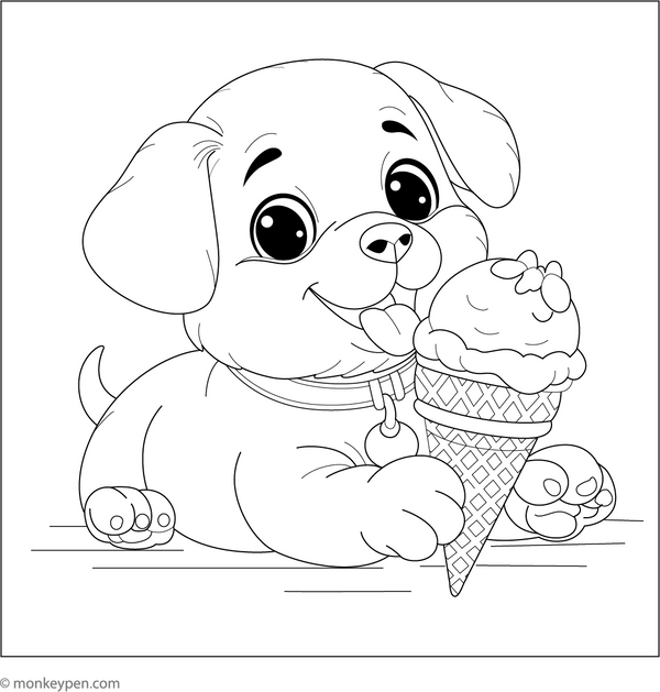 Puppy with an Icecream coloring page – free printable for kids to color and enjoy