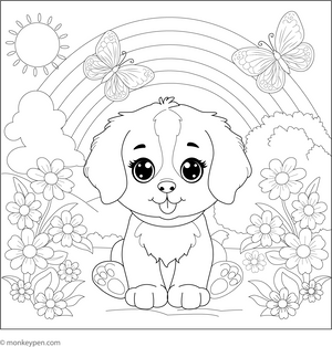 Puppy and the Rainbow coloring page – free printable for kids to color and enjoy