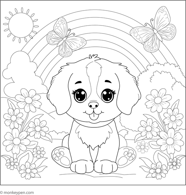 Puppy and the Rainbow coloring page – free printable for kids to color and enjoy