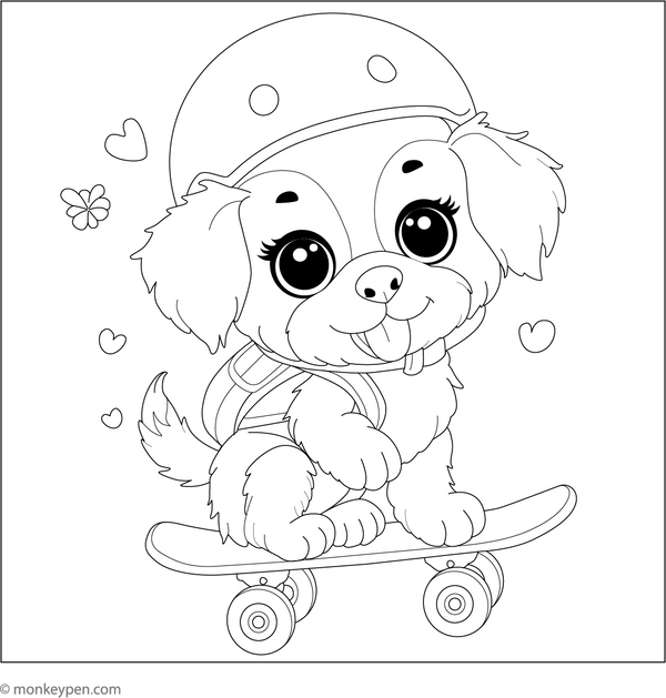 Puppy in the Skateboard coloring page – free printable for kids to color and enjoy