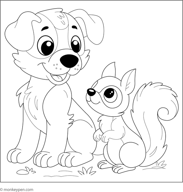 Puppy and Baby Squirrel coloring page – free printable for kids to color and enjoy