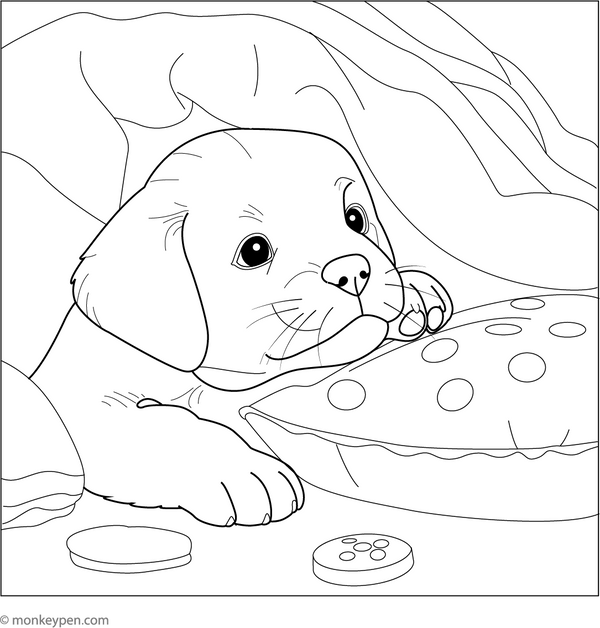 Puppy under the Blanket coloring page – free printable for kids to color and enjoy