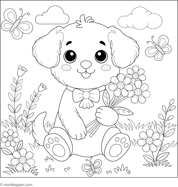 Puppy with Flower coloring page – free printable for kids to color and enjoy