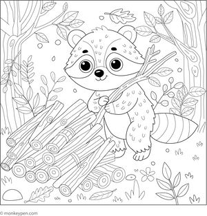 Raccoon Building a Den coloring page – free printable for kids to color and enjoy
