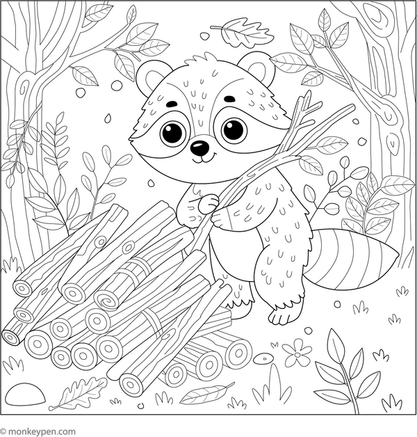 Raccoon Building a Den coloring page – free printable for kids to color and enjoy