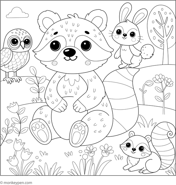 Raccoon with Friends coloring page – free printable for kids to color and enjoy
