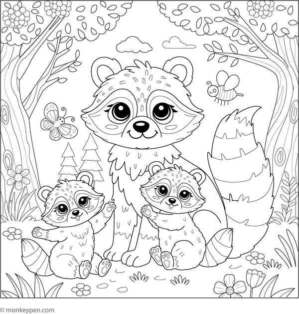 Raccoon Family coloring page – free printable for kids to color and enjoy