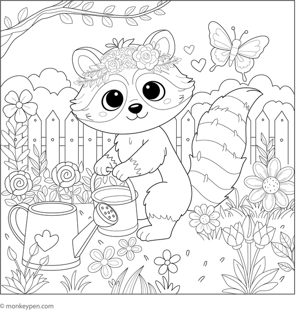 Raccoon in a Garden coloring page – free printable for kids to color and enjoy