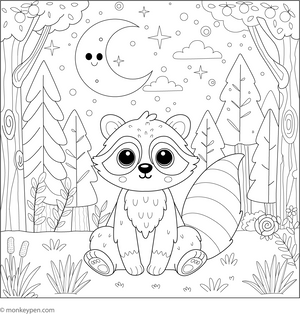 Raccoon and a Moonlit Forest coloring page – free printable for kids to color and enjoy