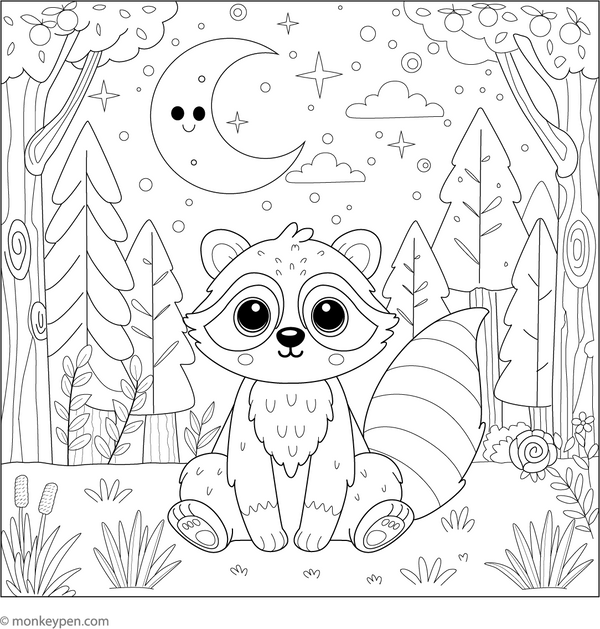 Raccoon and a Moonlit Forest coloring page – free printable for kids to color and enjoy