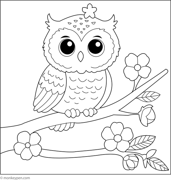 Owl in the Blossoming Tree coloring page – free printable for kids to color and enjoy