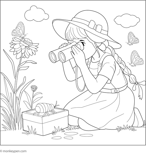 Little Girl with Binoculars coloring page – free printable for kids to color and enjoy