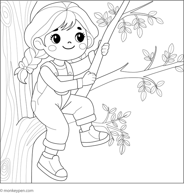 Little Girl Climbing Tree coloring page – free printable for kids to color and enjoy