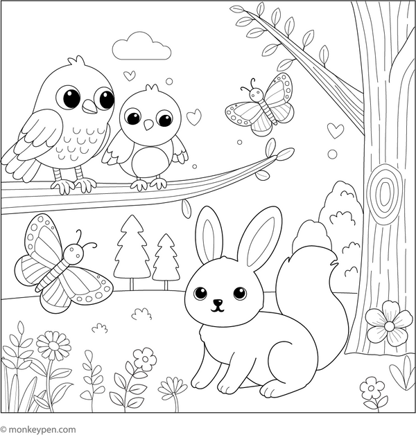 Cute Little Animals and Birds coloring page – free printable for kids to color and enjoy