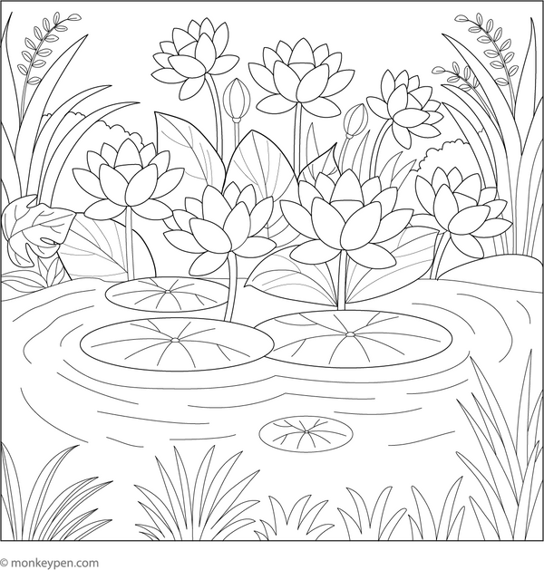 Lotus Pond coloring page – free printable for kids to color and enjoy