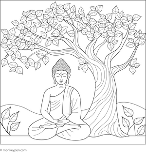 Budha Sitting under Bodhi Tree coloring page – free printable for kids to color and enjoy