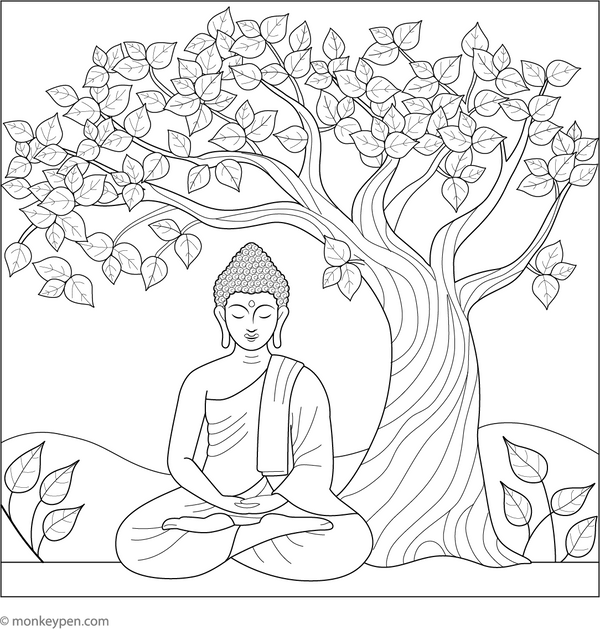 Budha Sitting under Bodhi Tree coloring page – free printable for kids to color and enjoy