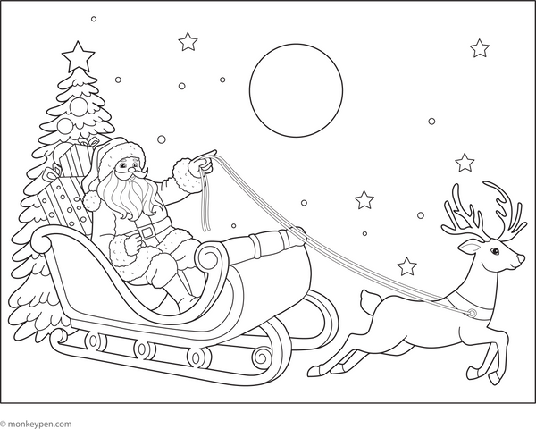 Santa on Sleigh Coloring Page