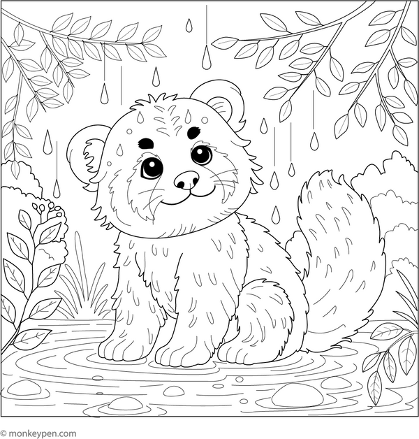 Red Panda in the Rain coloring page – free printable for kids to color and enjoy