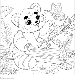Red Panda with Butterfly coloring page – free printable for kids to color and enjoy