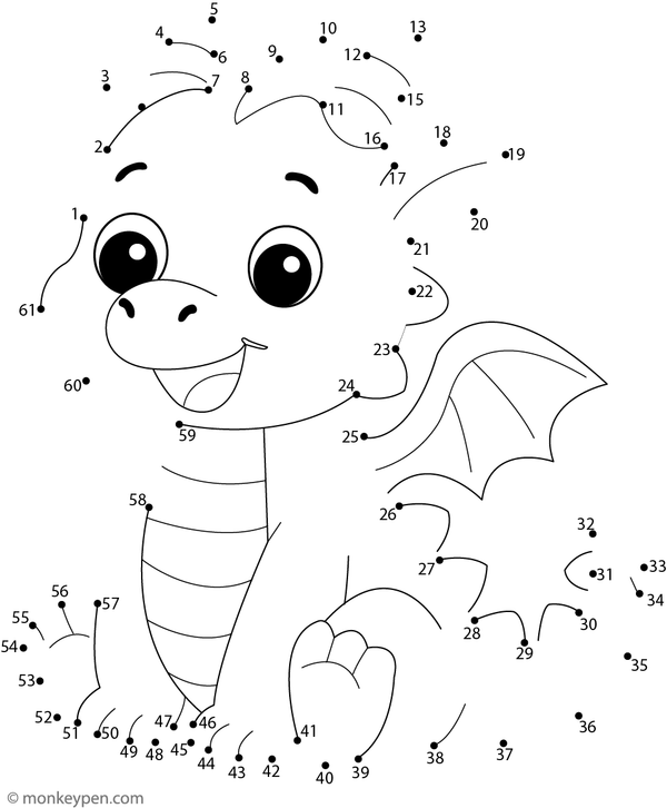 Children’s dot-to-dot worksheet illustrating a cartoon dragon ready to be colored.