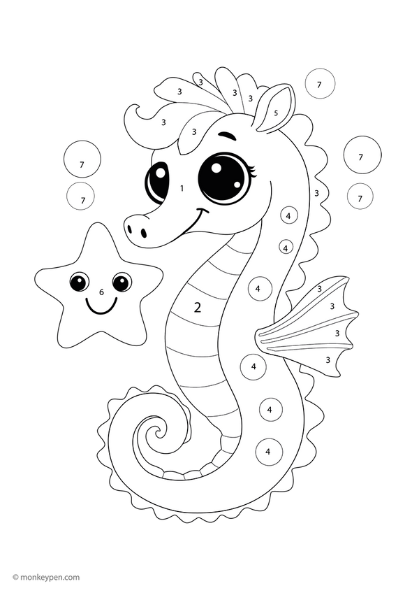 Free downloadable ocean-themed color-by-number worksheet featuring a seahorse, starfish, and coral reef—helps early learners practice number recognition and color matching in a fun, undersea setting.