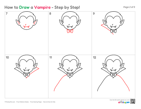 Illustrated vampire drawing lesson featuring a cape, slick hair, and pointed fangs.