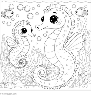 Baby Seahorse with Parent coloring page – free printable for kids to color and enjoy