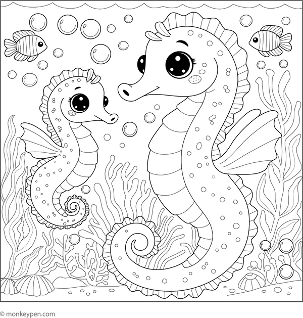 Baby Seahorse with Parent coloring page – free printable for kids to color and enjoy