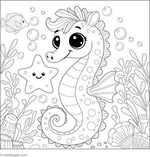 Seahorse with a Starfish coloring page – free printable for kids to color and enjoy