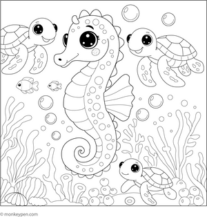 Seahorse and Sea Turtles coloring page – free printable for kids to color and enjoy