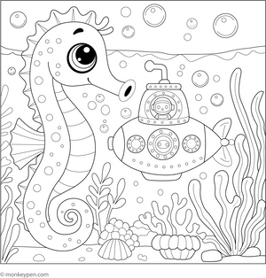Seahorse and a Submarine coloring page – free printable for kids to color and enjoy
