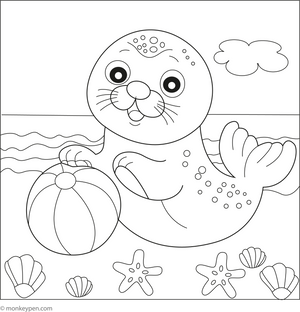 Playful Seal on a Beach coloring page – free printable for kids to color and enjoy