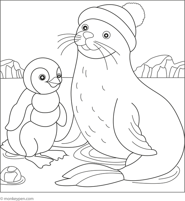 Seal and Penguin Friends coloring page – free printable for kids to color and enjoy