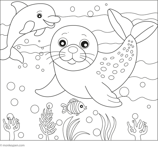 Seal and Dolphin coloring page – free printable for kids to color and enjoy