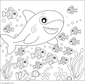 Shark and a School of Fish coloring page – free printable for kids to color and enjoy