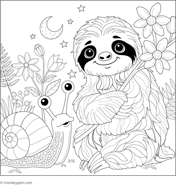 Sloth and Snail coloring page – free printable for kids to color and enjoy