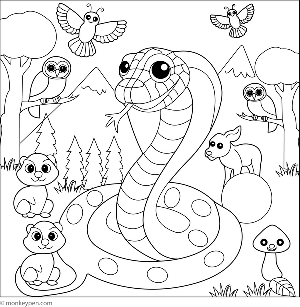 Snake with Forest Friend coloring page – free printable for kids to color and enjoy