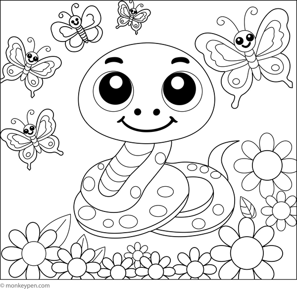 Snake in Butterfly Garden coloring page – free printable for kids to color and enjoy