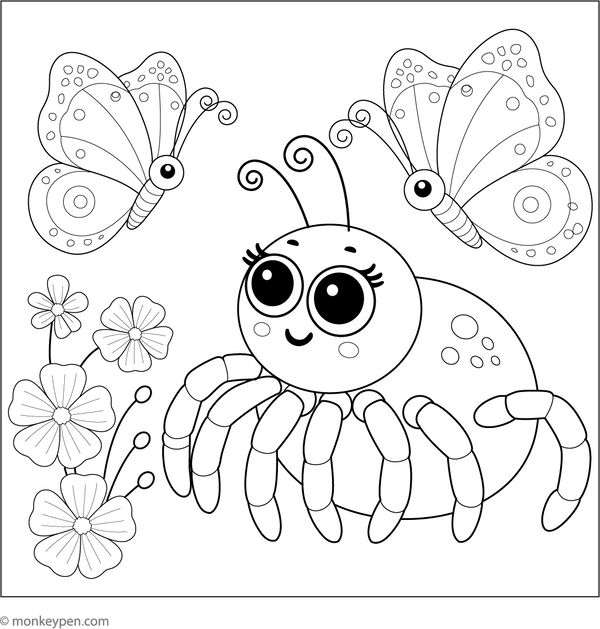 Spider and a Butterfly coloring page – free printable for kids to color and enjoy