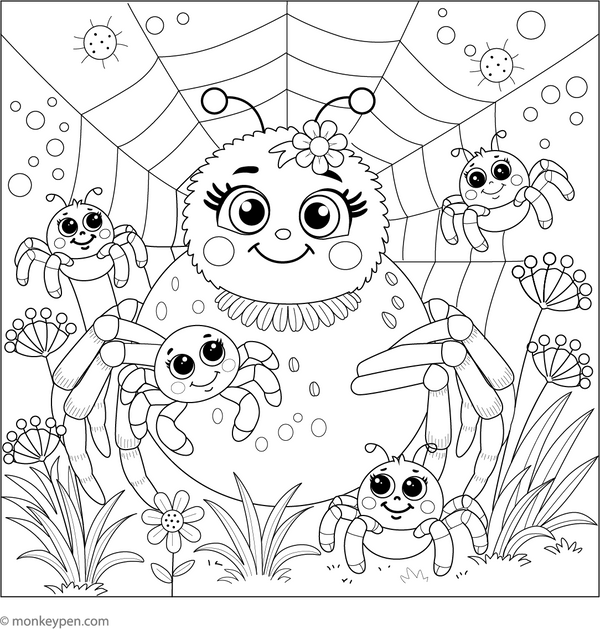 Mama Spider and Baby Spiders coloring page – free printable for kids to color and enjoy