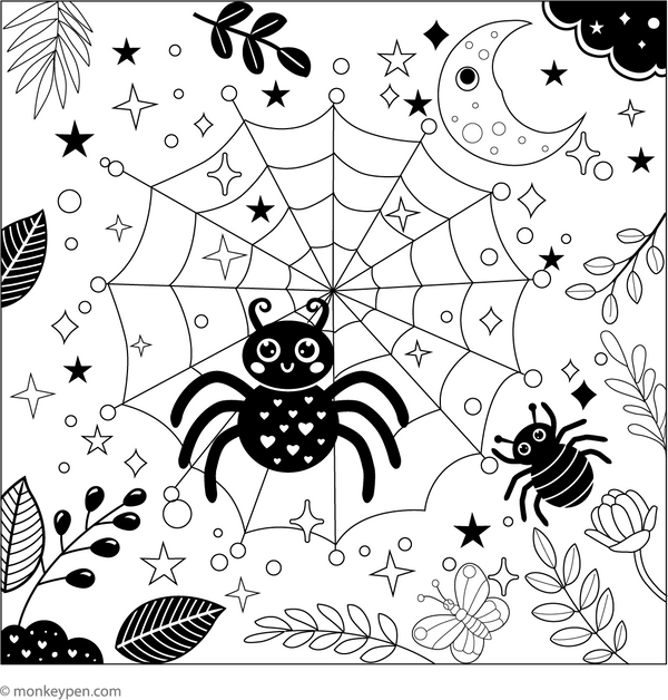 Spider in a Magical Web coloring page – free printable for kids to color and enjoy