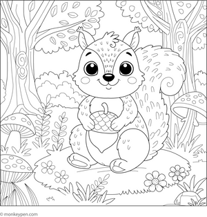 Squirrel in a Forest coloring page – free printable for kids to color and enjoy