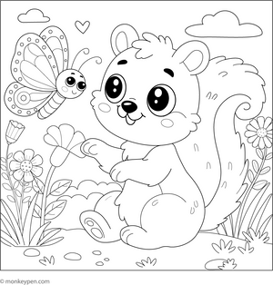 Squirrel and a Butterfly coloring page – free printable for kids to color and enjoy